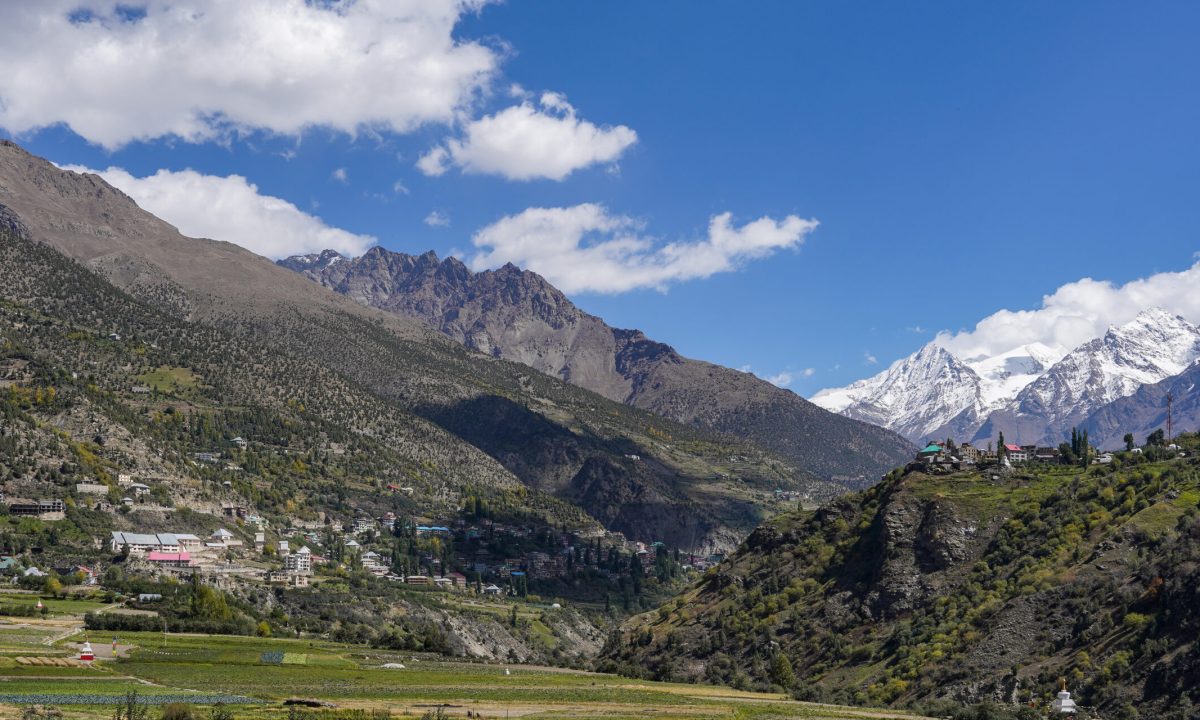 Keylong, fields of Belling in the foreground, Kardang on right.  View from the west.  Lahaul, Himachal, India